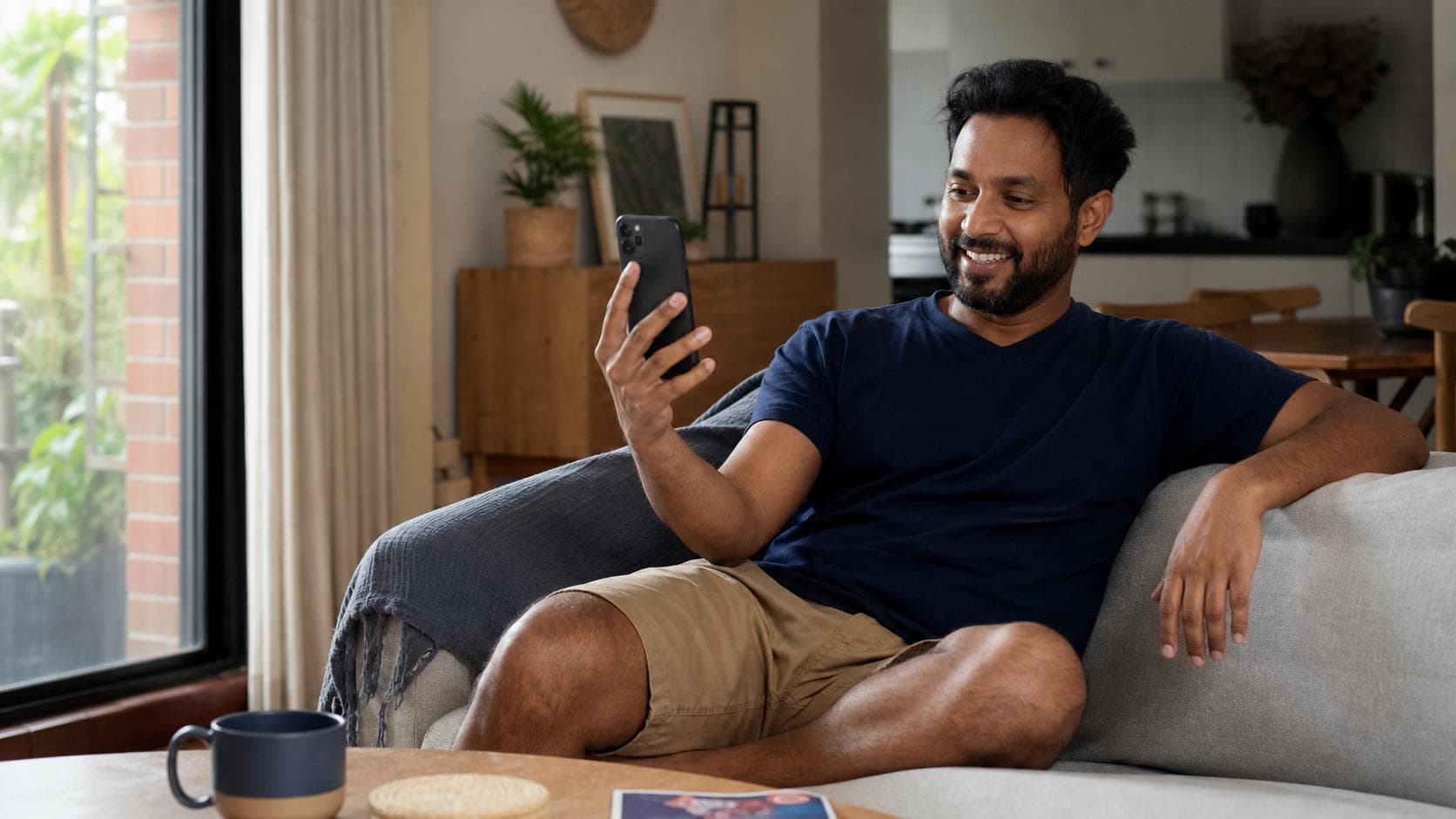Sri Lankan-Australian adult enjoying a relaxed family video call from a lived-in Australian lounge
