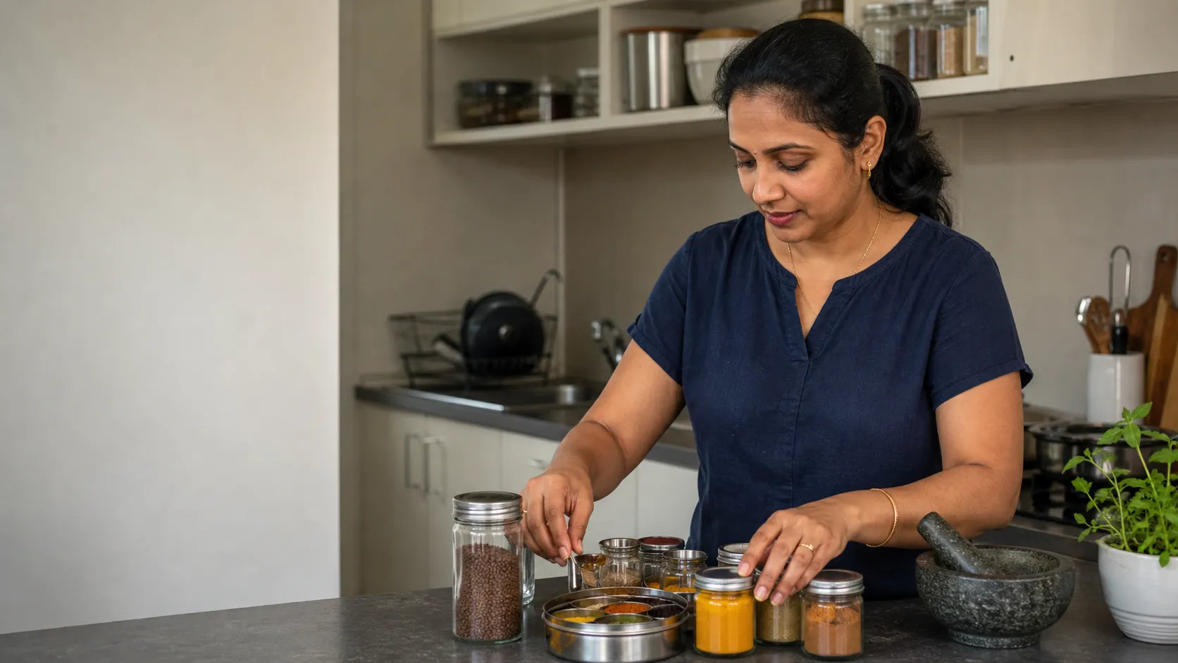 Sri Lankan-Australian cook arranging a modest set of spices, cookware and pantry jars in a warm rental kitchen