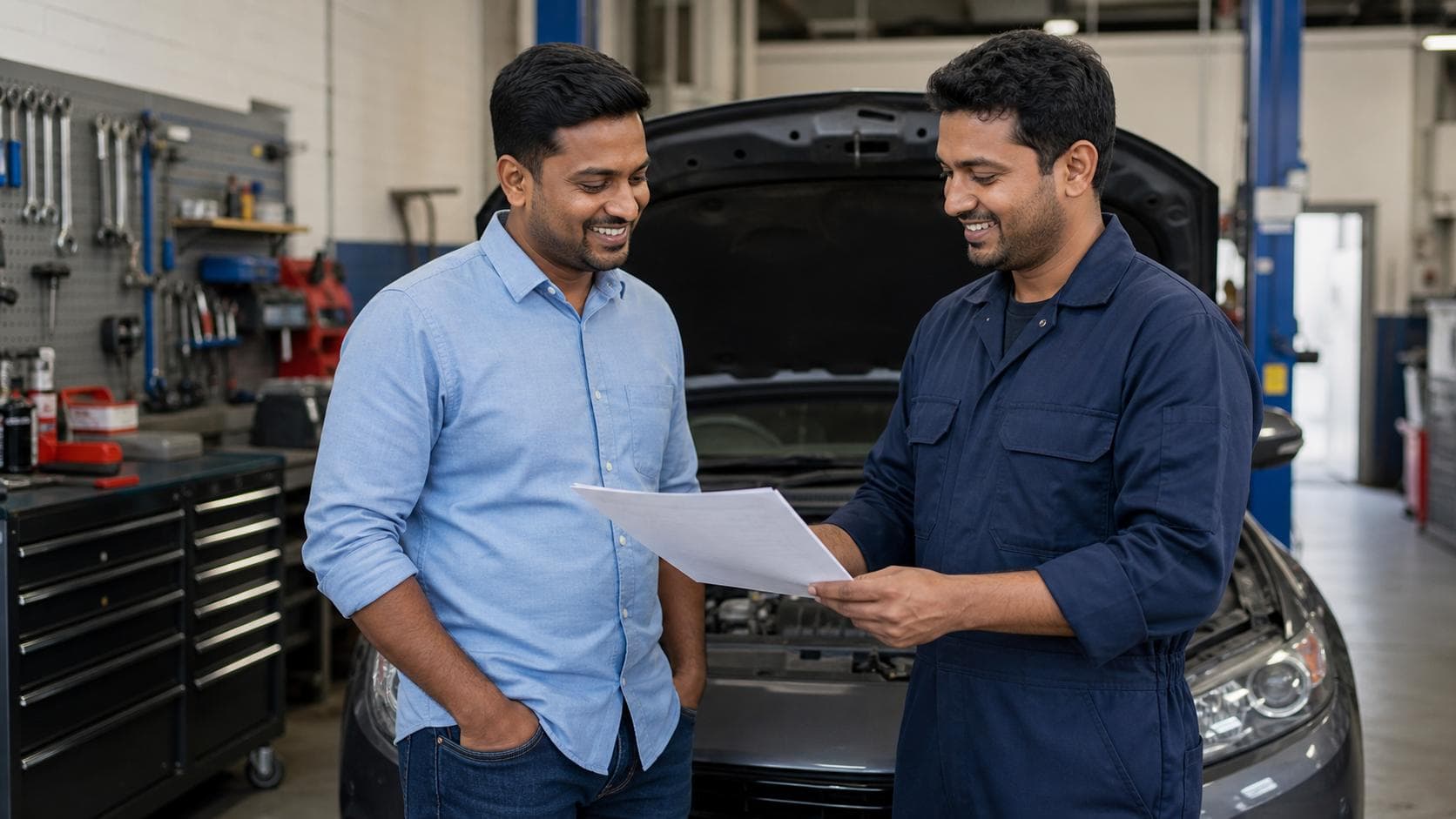 Sri Lankan Australian vehicle owner discussing a clear repair estimate with a professional mechanic in a clean workshop
