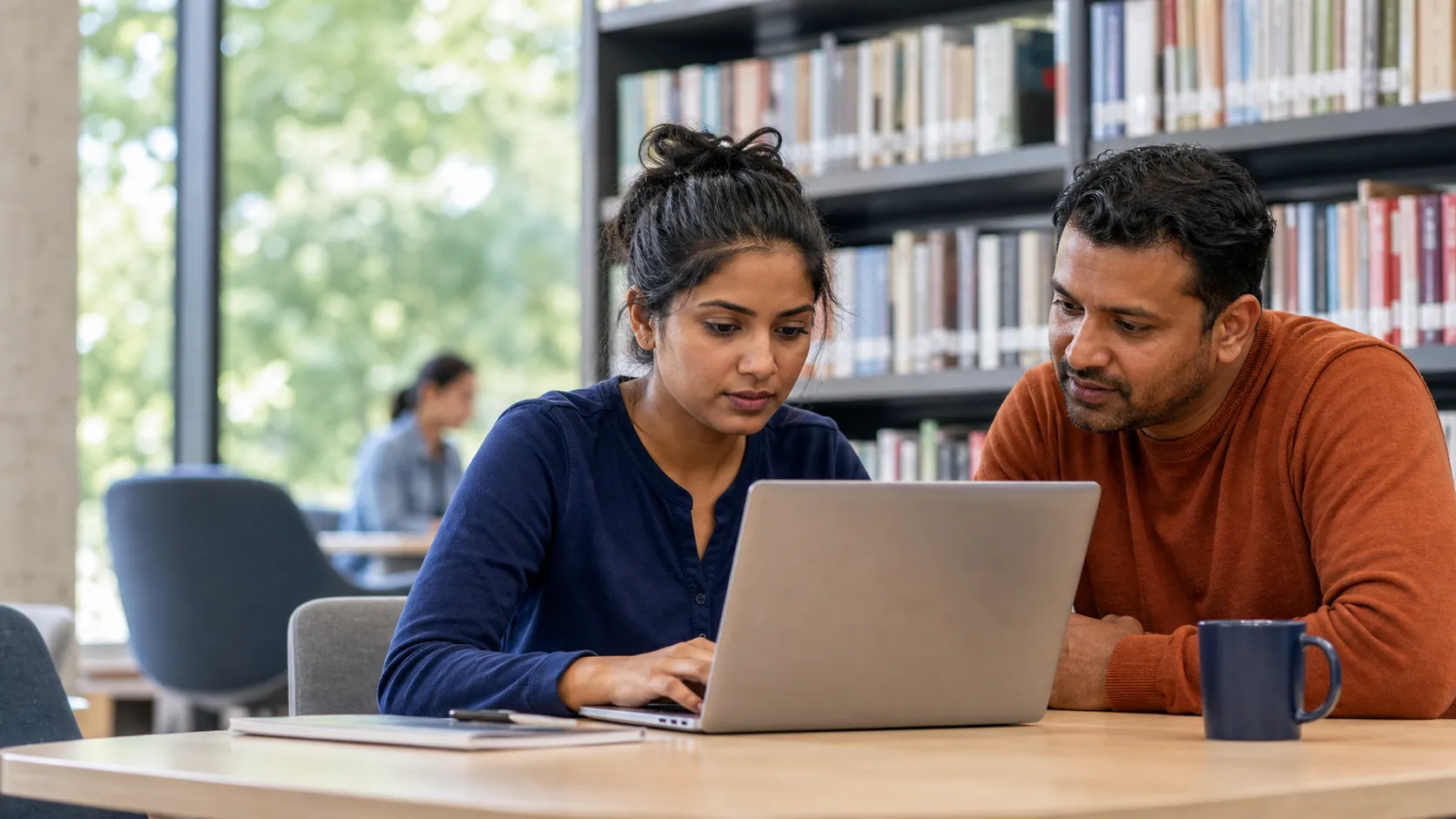 Sri Lankan-Australian job seeker refining a résumé on a laptop with a mentor in a public library meeting area