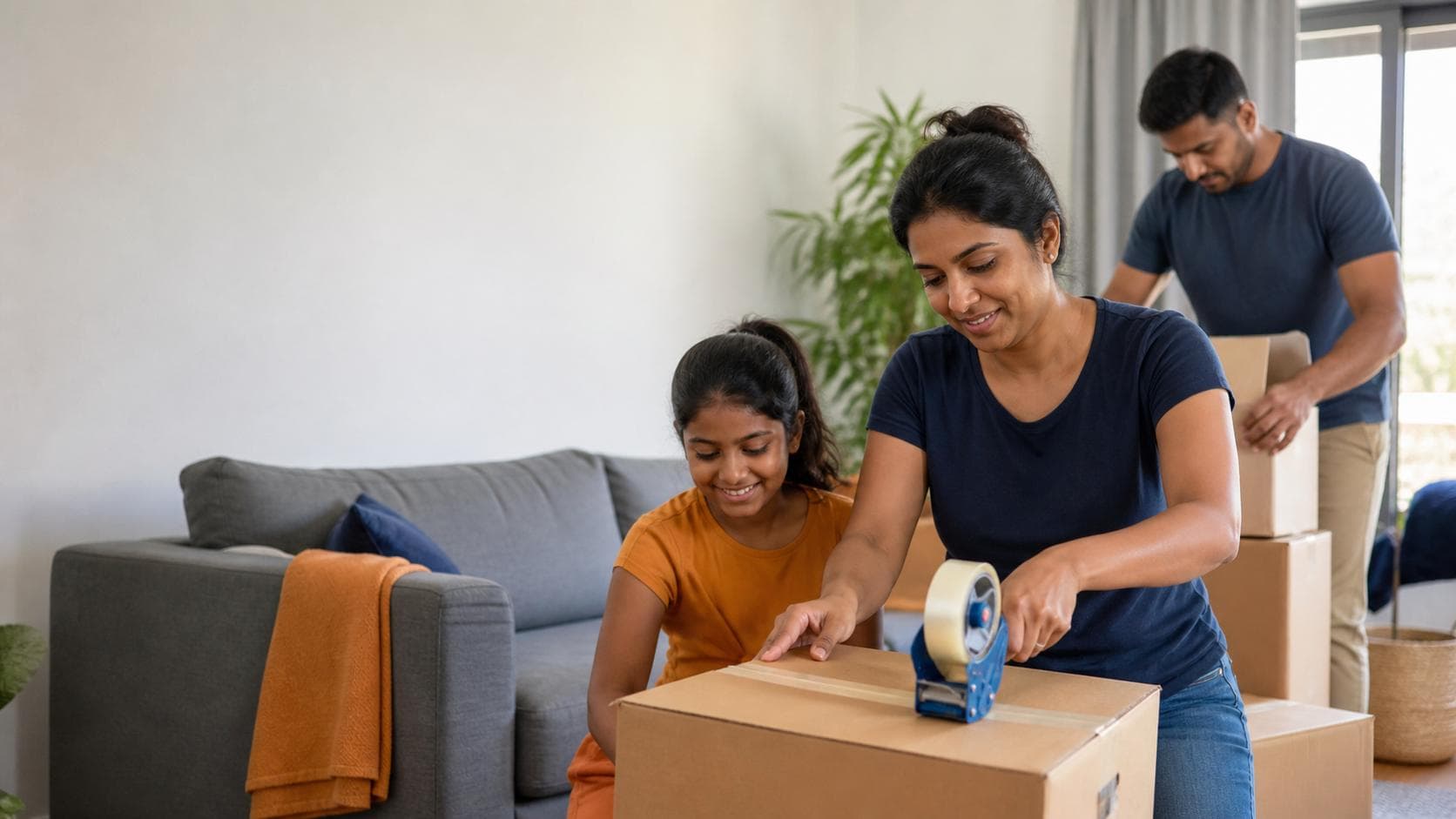 Sri Lankan-Australian household packing boxes together in a tidy but realistically cluttered lounge