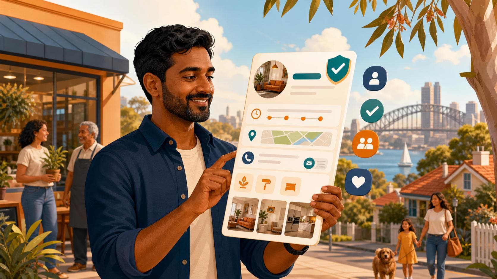 Sri Lankan-Australian business owner reviewing a complete and trustworthy business profile in an Australian neighbourhood.