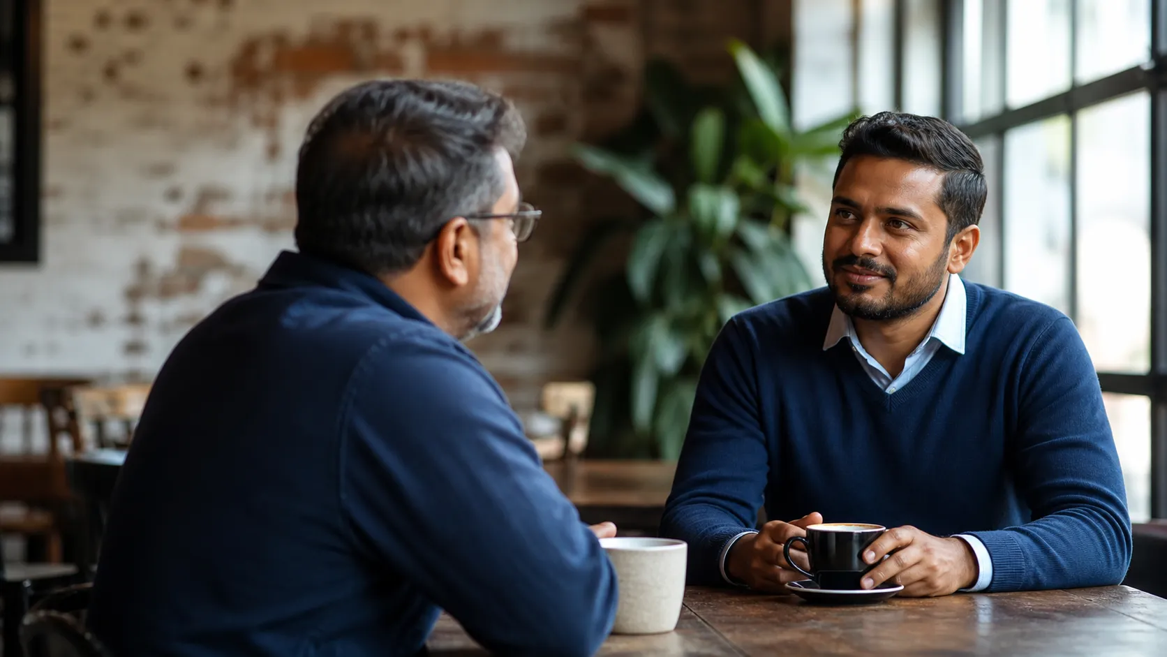 Sri Lankan-Australian professional having a respectful coffee conversation with a former manager in a quiet café