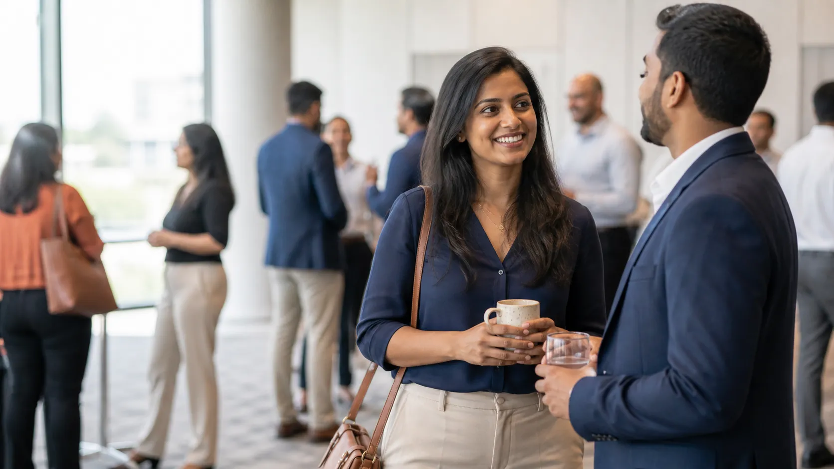 Two Sri Lankan-Australian professionals having a friendly follow-up conversation after a community business event
