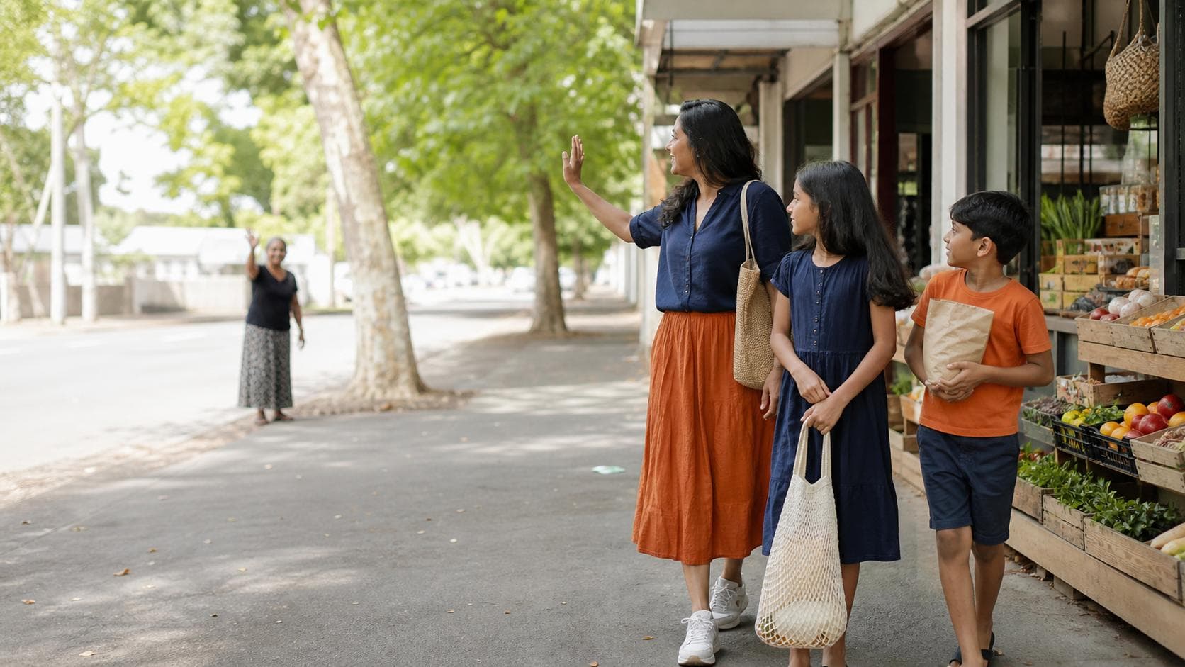 Sri Lankan-Australian family walking through a leafy local shopping strip and greeting a neighbour