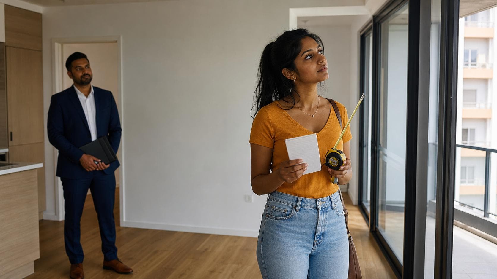 Sri Lankan-Australian renter inspecting a bright apartment with a checklist while an agent stands at a respectful distance