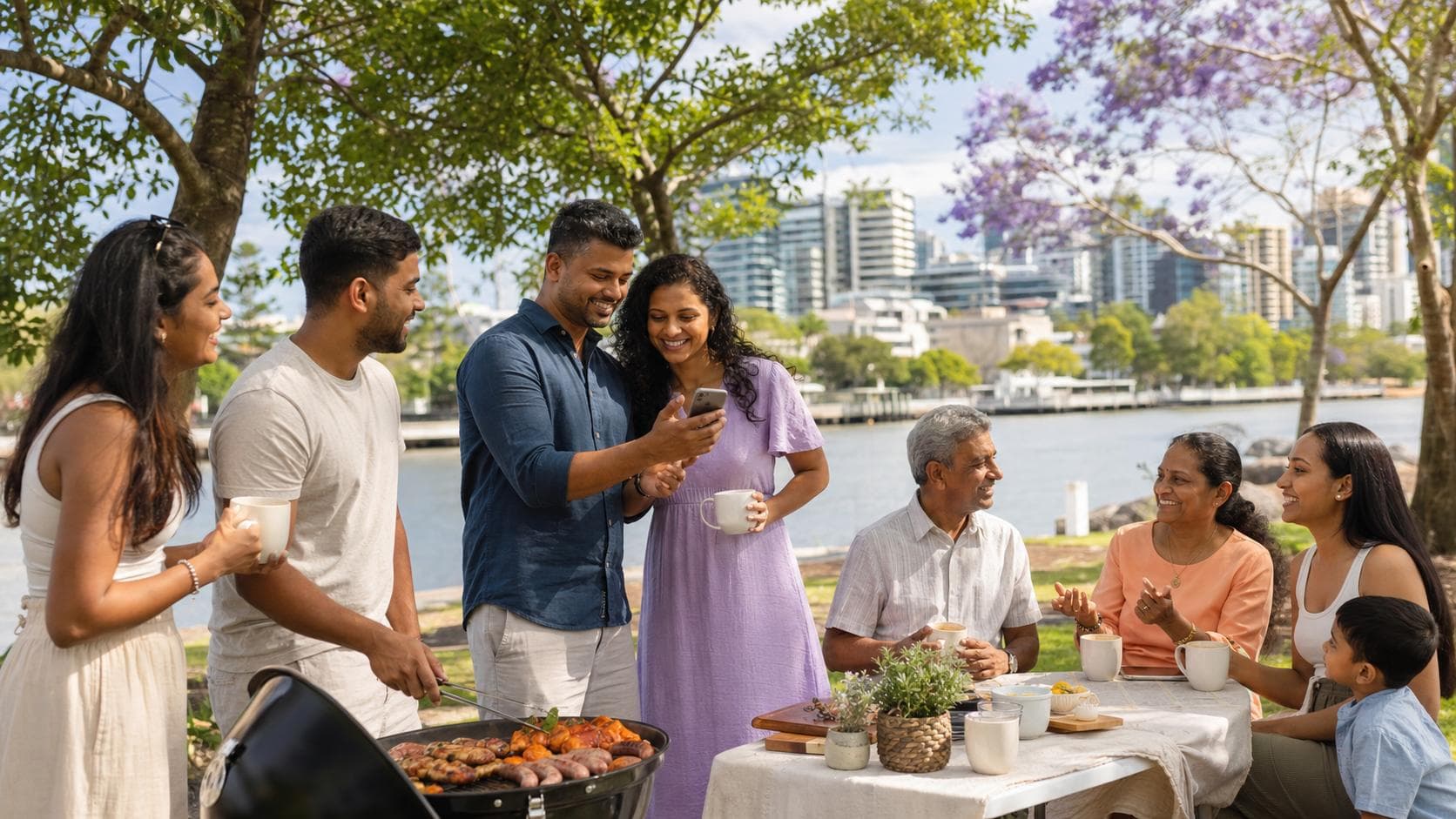 Multigenerational Sri Lankan-Australian group sharing tea and a barbecue beside the Brisbane River.