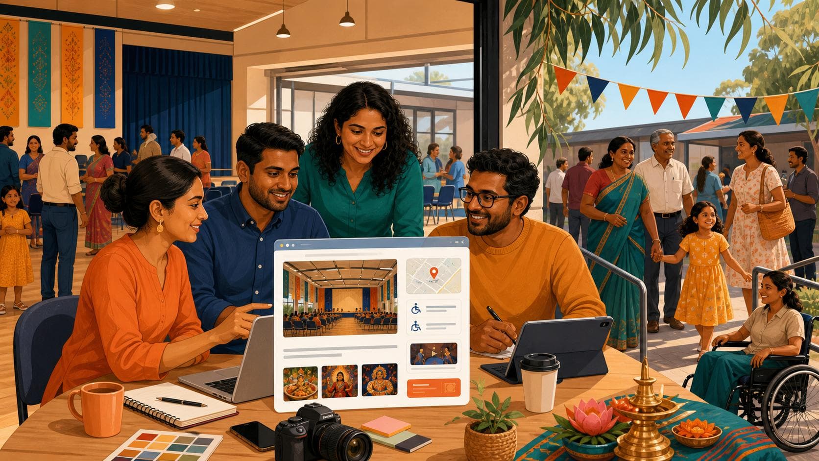 Sri Lankan-Australian organisers preparing a clear and accessible community event listing at an Australian venue.