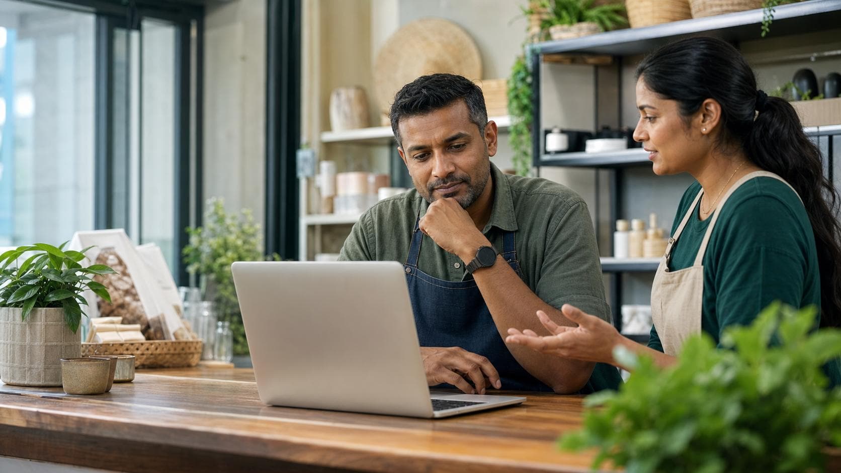 Sri Lankan-Australian business owner planning friendly online updates with a colleague in a bright shop