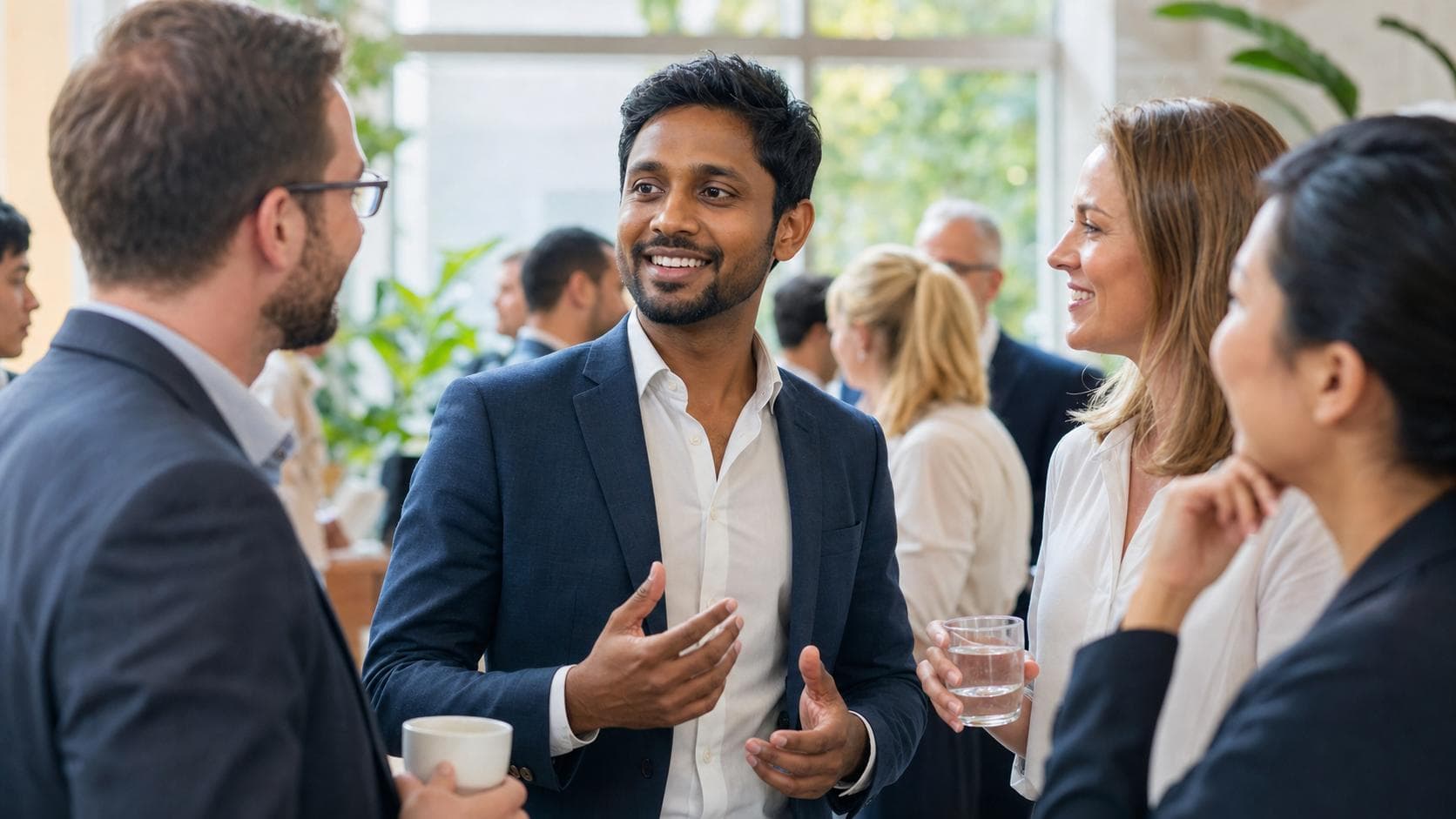 Sri Lankan professional having a friendly conversation with a multicultural group at an Australian networking event