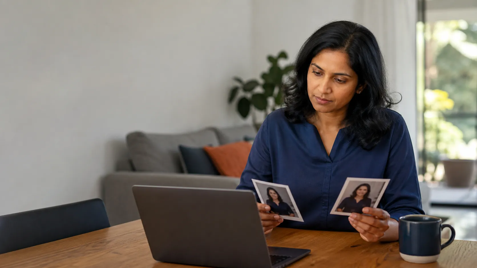 Sri Lankan-Australian professional choosing a natural headshot and reviewing an online profile on a laptop
