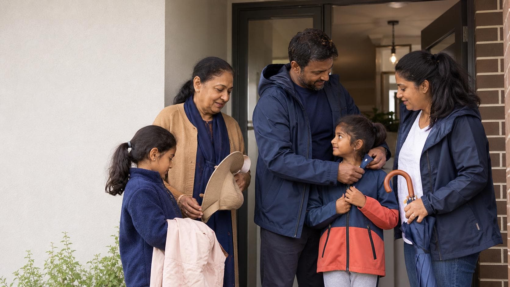 Sri Lankan-Australian family preparing jackets, hats and umbrellas at a suburban front door for changing Australian weather