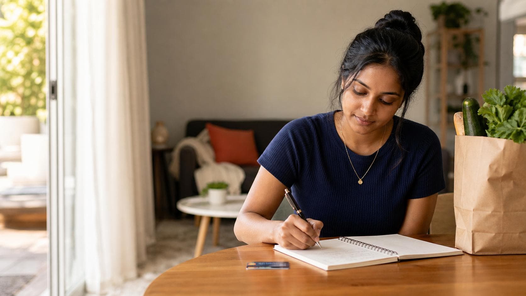 Sri Lankan-Australian newcomer planning a balanced week beside groceries and a public transport card in natural morning light