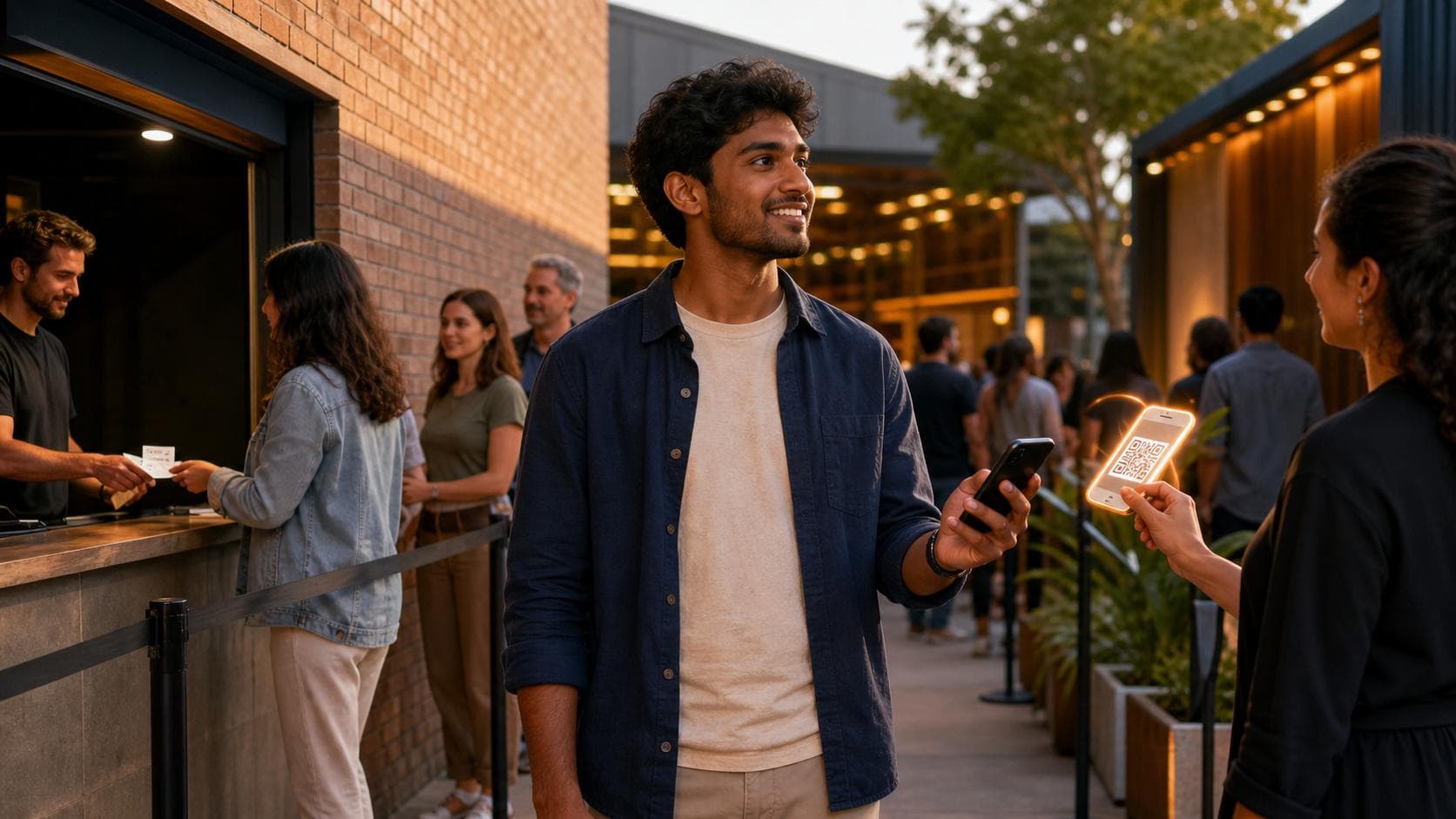 Sri Lankan-Australian event attendee choosing between an external ticket counter and a digital QR ticket at an Australian venue.