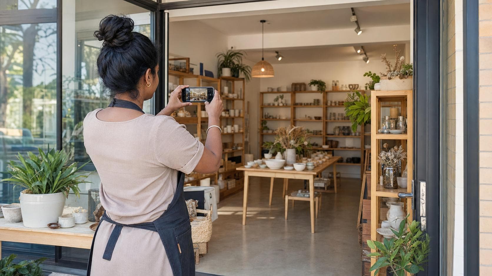 Sri Lankan-Australian small business owner planning a clear local customer offer in a bright shop