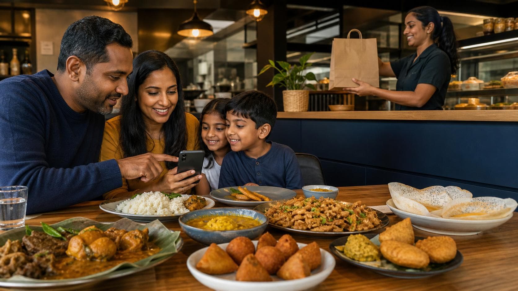 Sri Lankan-Australian family choosing a restaurant meal while a staff member prepares a takeaway order in Australia.