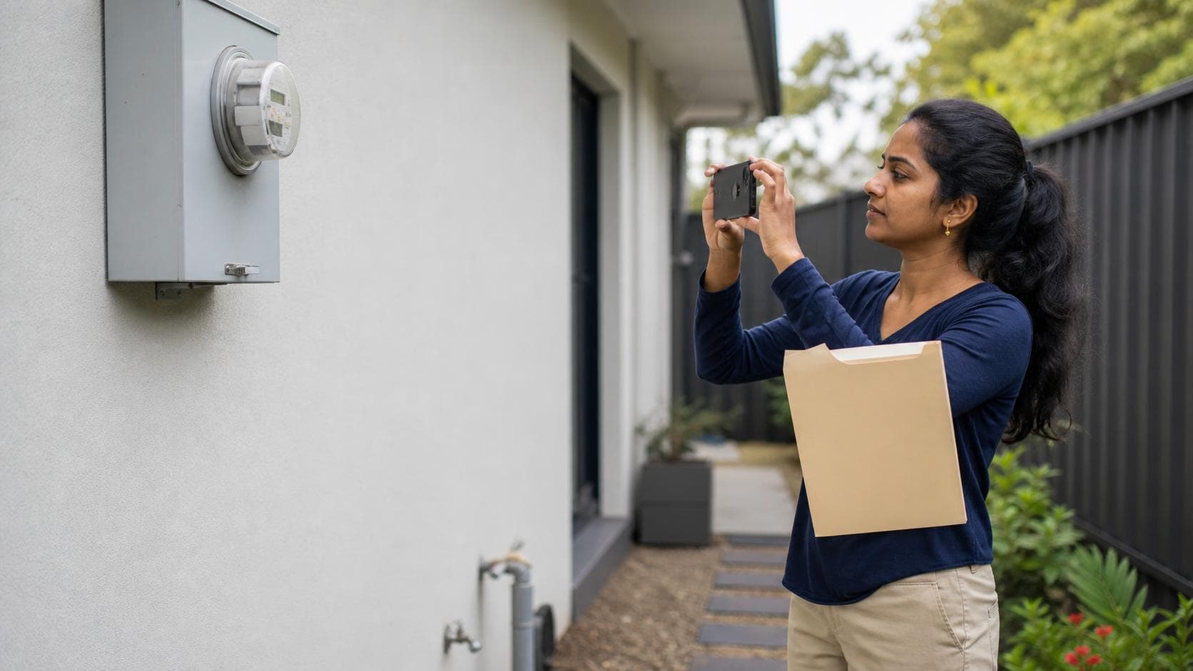 Sri Lankan-Australian renter photographing an electricity meter and organising a utility folder at a new home