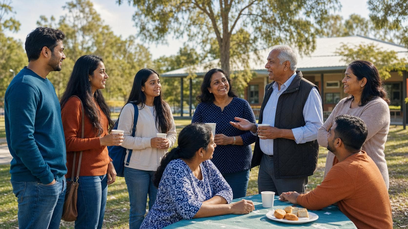 New Sri Lankan arrivals being welcomed by a multigenerational Sri Lankan-Australian community group in a sunny local park.