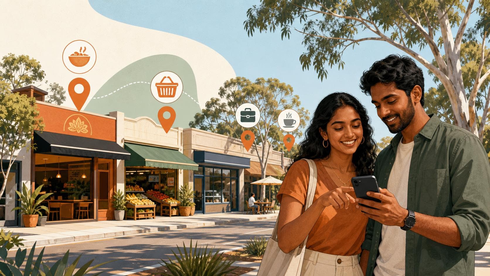 Sri Lankan-Australian shoppers using a phone to discover nearby restaurants, shops and professional services on an Australian street.