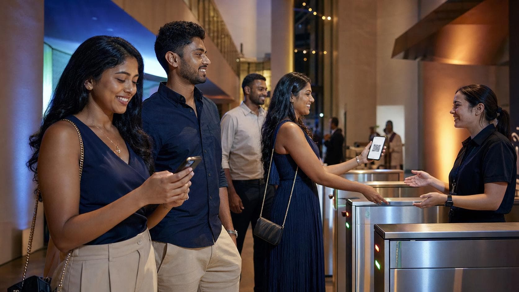 Sri Lankan-Australian friends moving from mobile event checkout to QR ticket entry at a modern Australian venue.