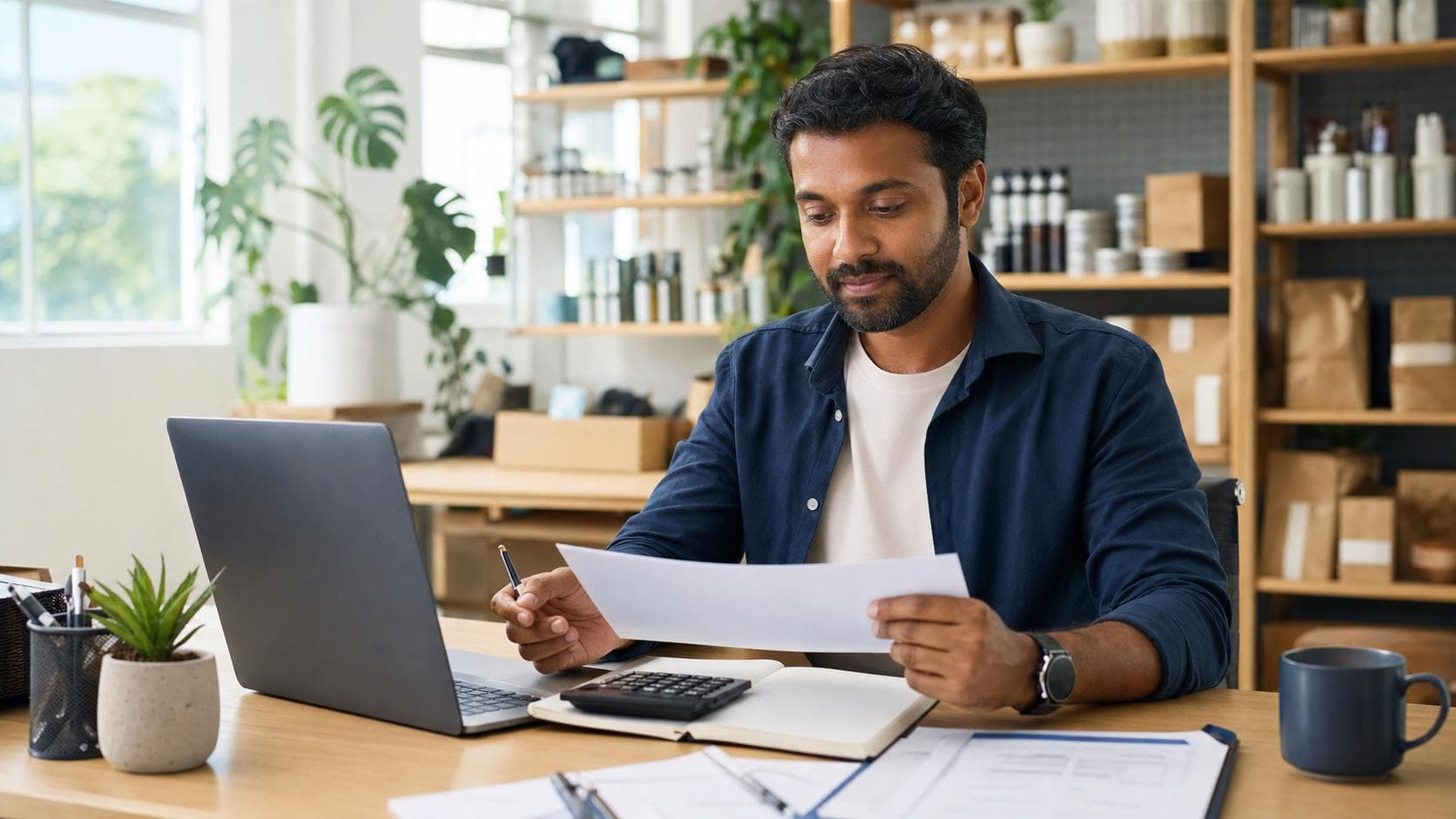 Sri Lankan-Australian small business owner reviewing business registration information at a tidy desk in Australia