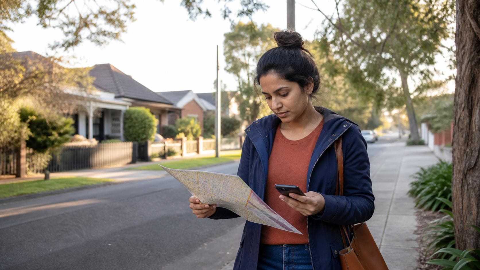 Sri Lankan-Australian newcomer checking a map and phone on an unbranded Australian suburban street