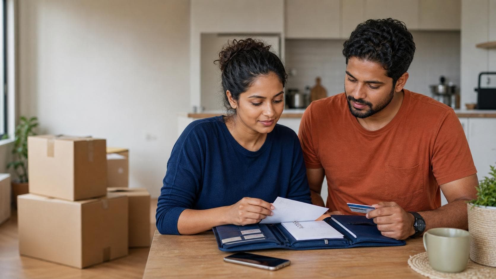 Newly arrived Sri Lankan-Australian couple calmly organising a small folder, phone and transport card at a bright kitchen table