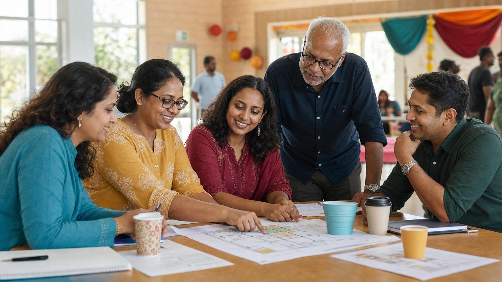 Sri Lankan-Australian event organisers planning a welcoming community celebration around a table in a bright Australian community hall.