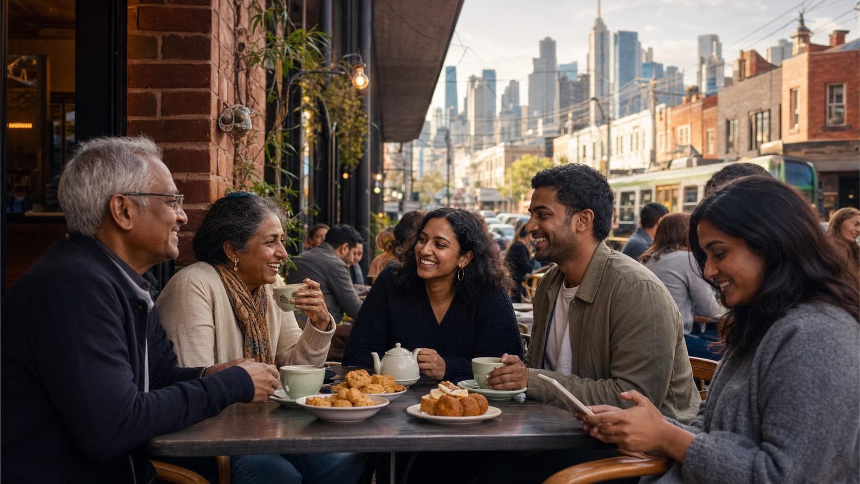 Sri Lankan-Australian family and friends sharing tea and short eats at a lively Melbourne laneway cafe.