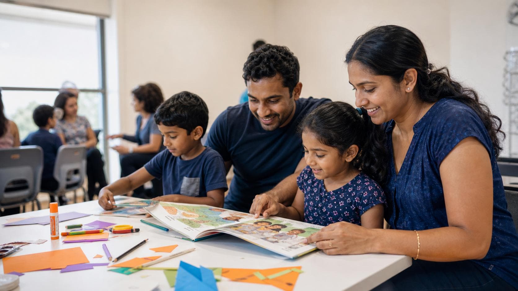 Children and parents enjoying a friendly community language activity with books and craft materials