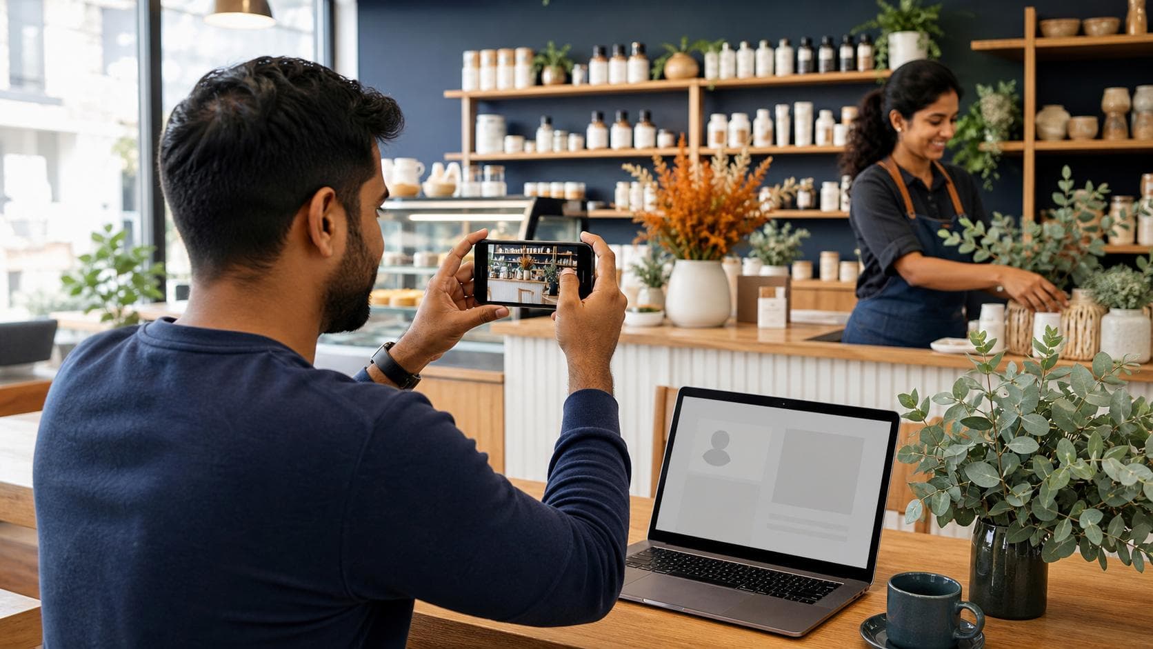 Sri Lankan-Australian small-business owner photographing a welcoming Australian shop while preparing an online directory profile.