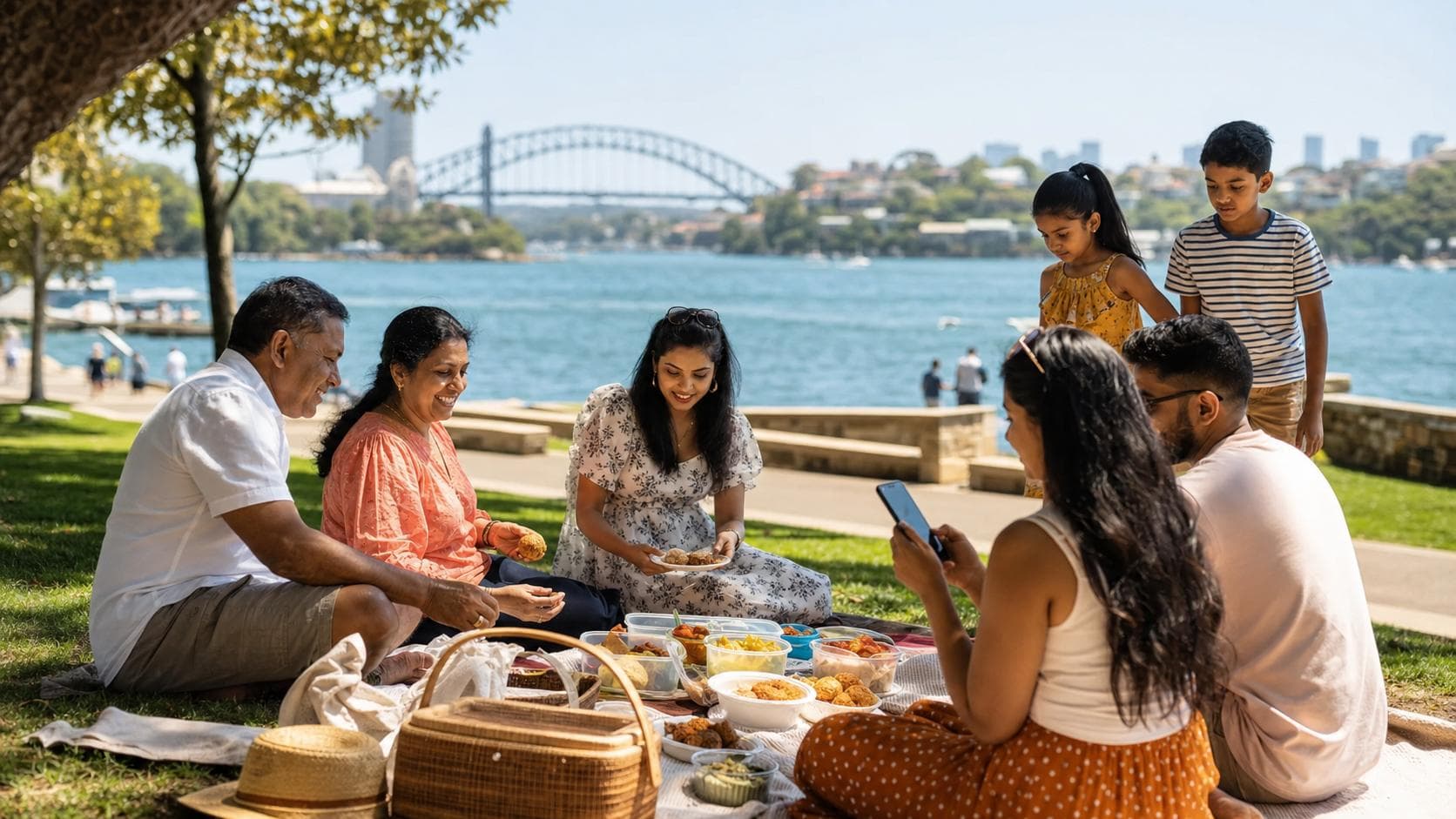 Sri Lankan-Australian family and friends sharing a picnic beside Sydney Harbour while checking a local event on a phone.