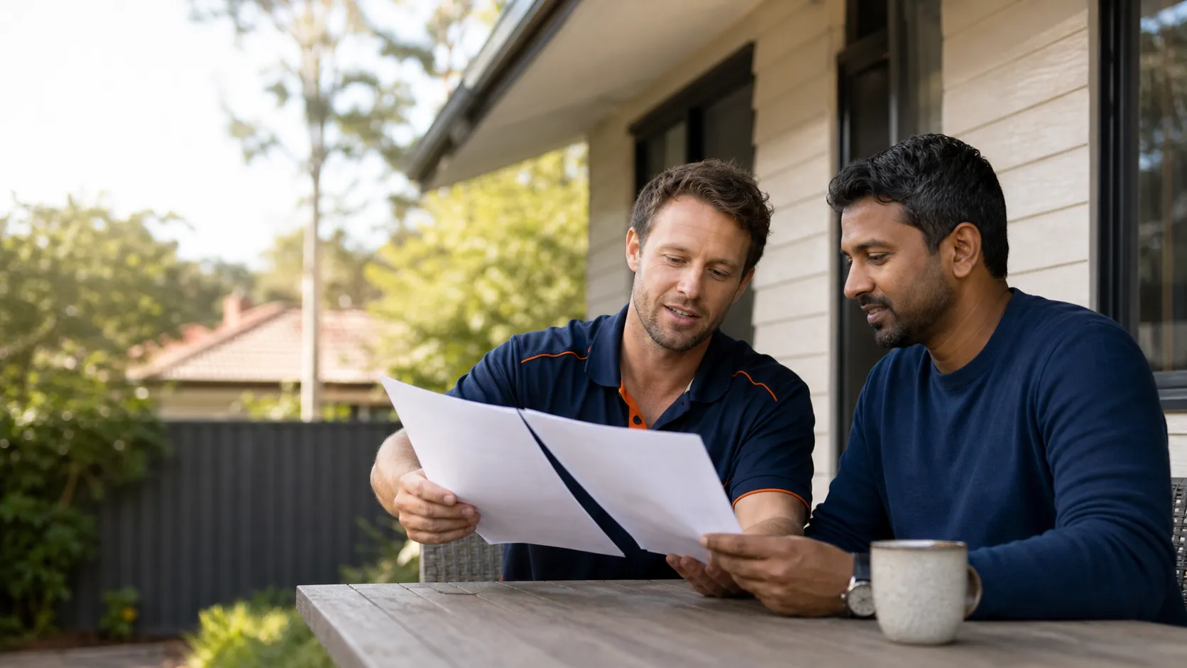 Homeowner and tradesperson calmly reviewing two written quotes at an outdoor table beside an Australian home