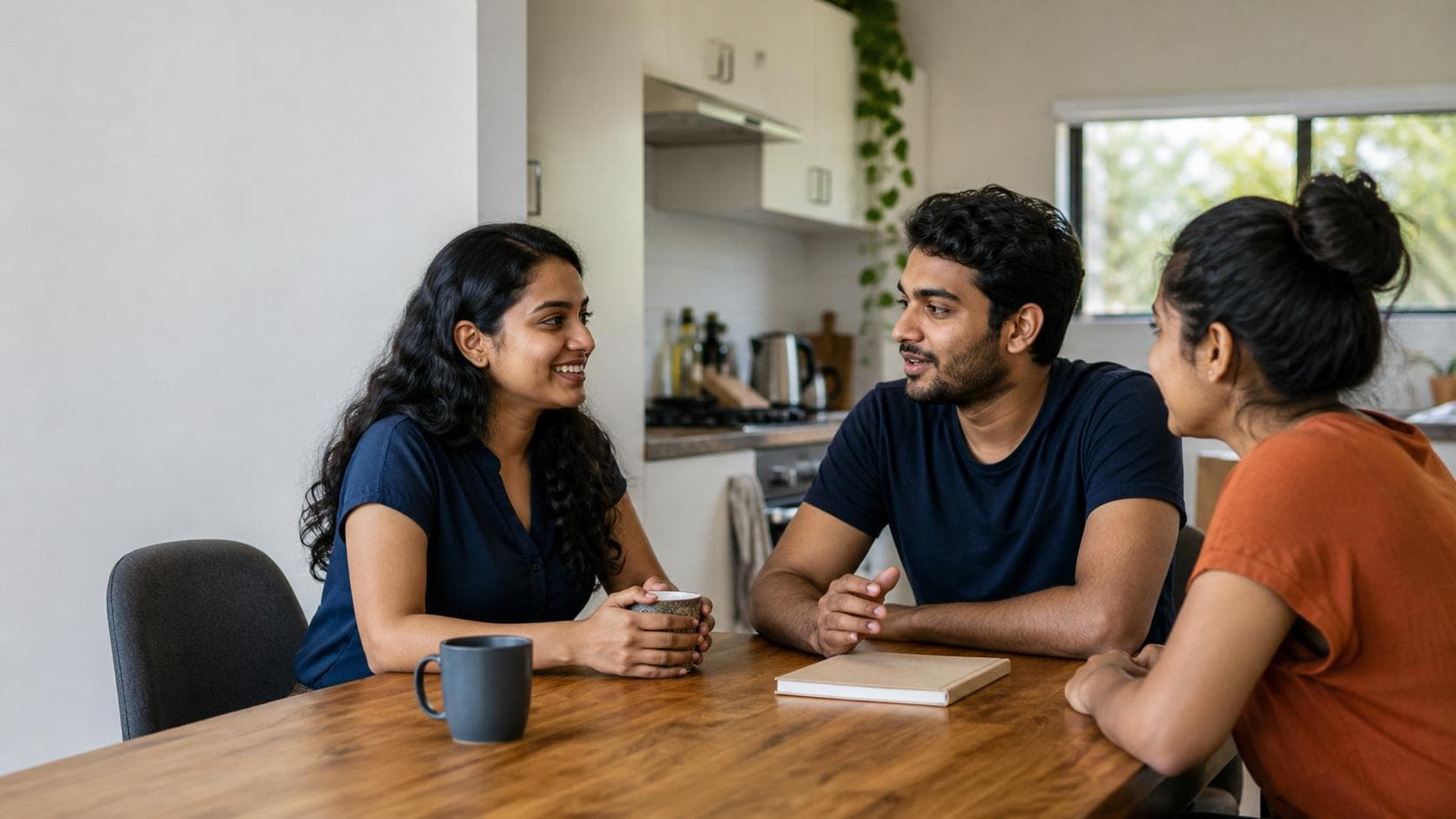Three young Sri Lankan-Australian housemates having a friendly kitchen-table conversation with a notebook
