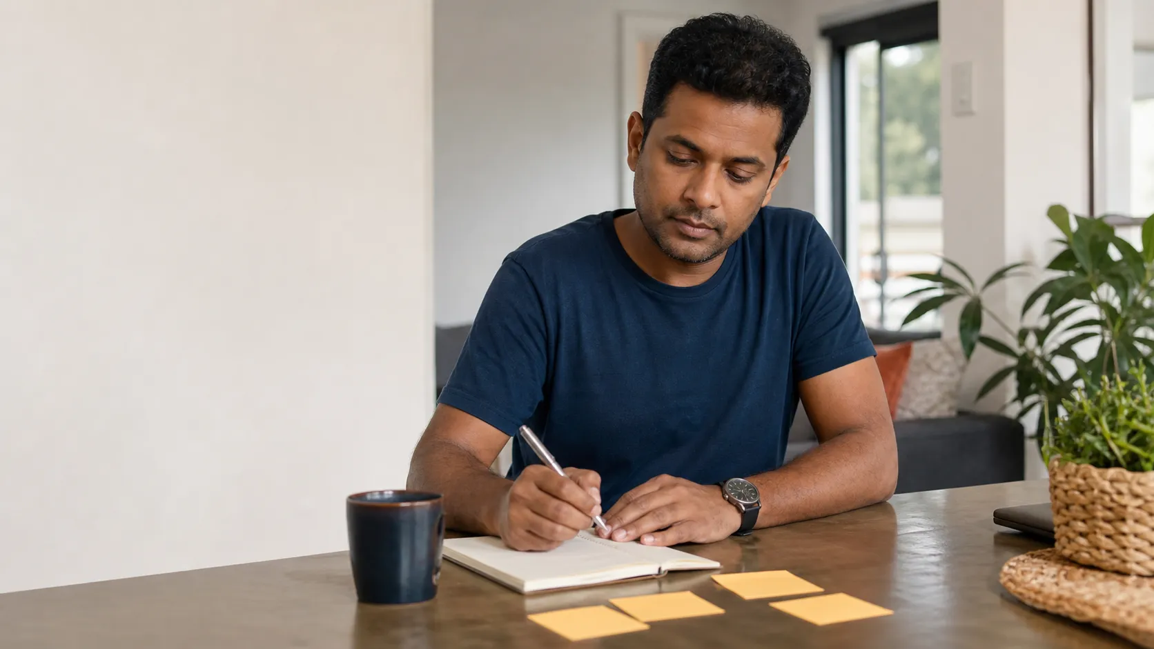 Mid-career Sri Lankan-Australian professional thoughtfully mapping career options with sticky notes and a notebook at home