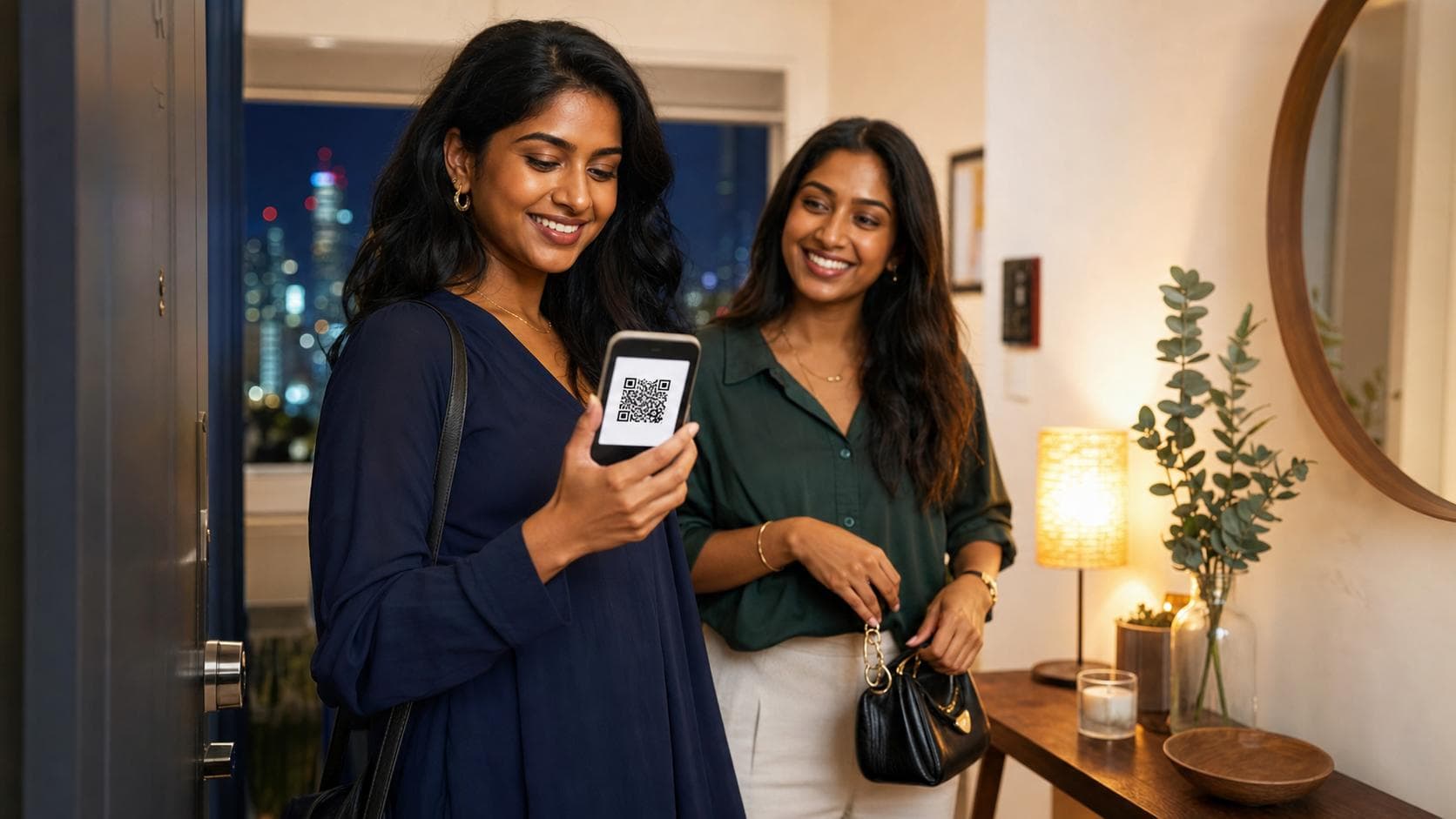 Sri Lankan-Australian friends checking a digital QR event ticket on a phone before leaving for an Australian event.