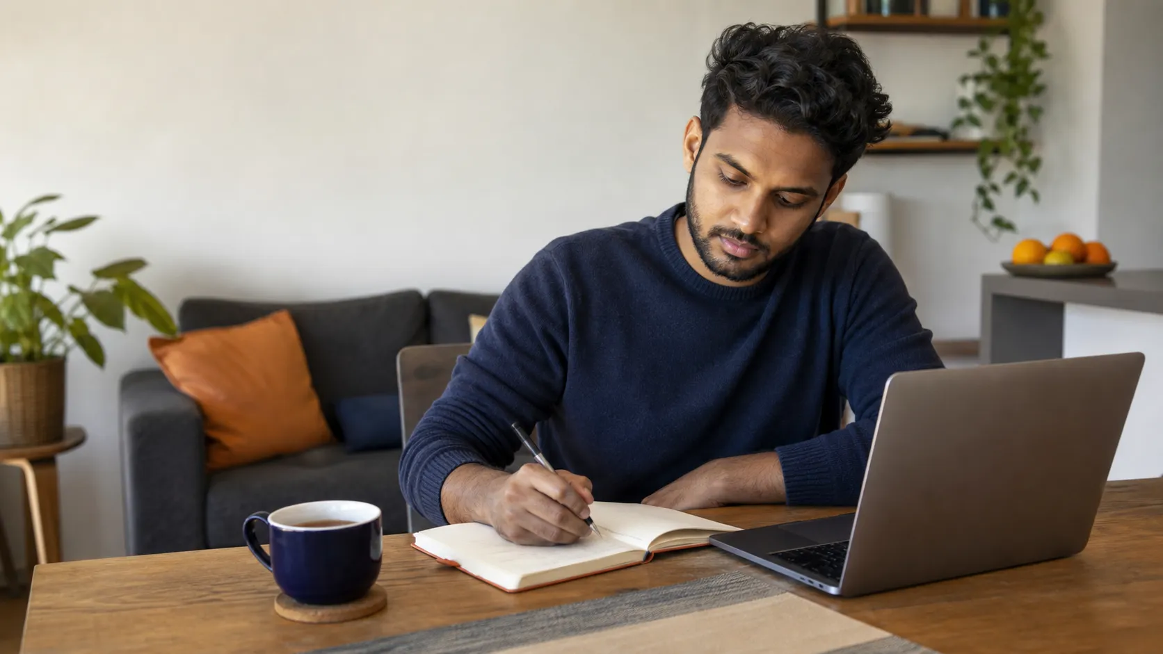 Sri Lankan-Australian graduate calmly planning job-search tasks in a notebook beside a laptop and tea