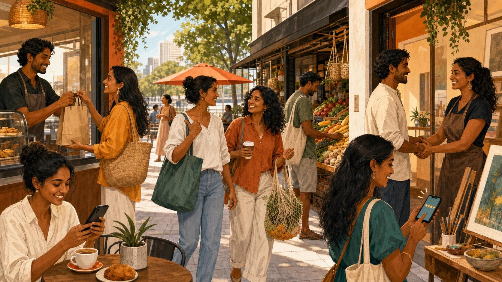 Community members shopping, recommending and leaving a fair review for Sri Lankan-owned businesses on a sunny Australian local street.