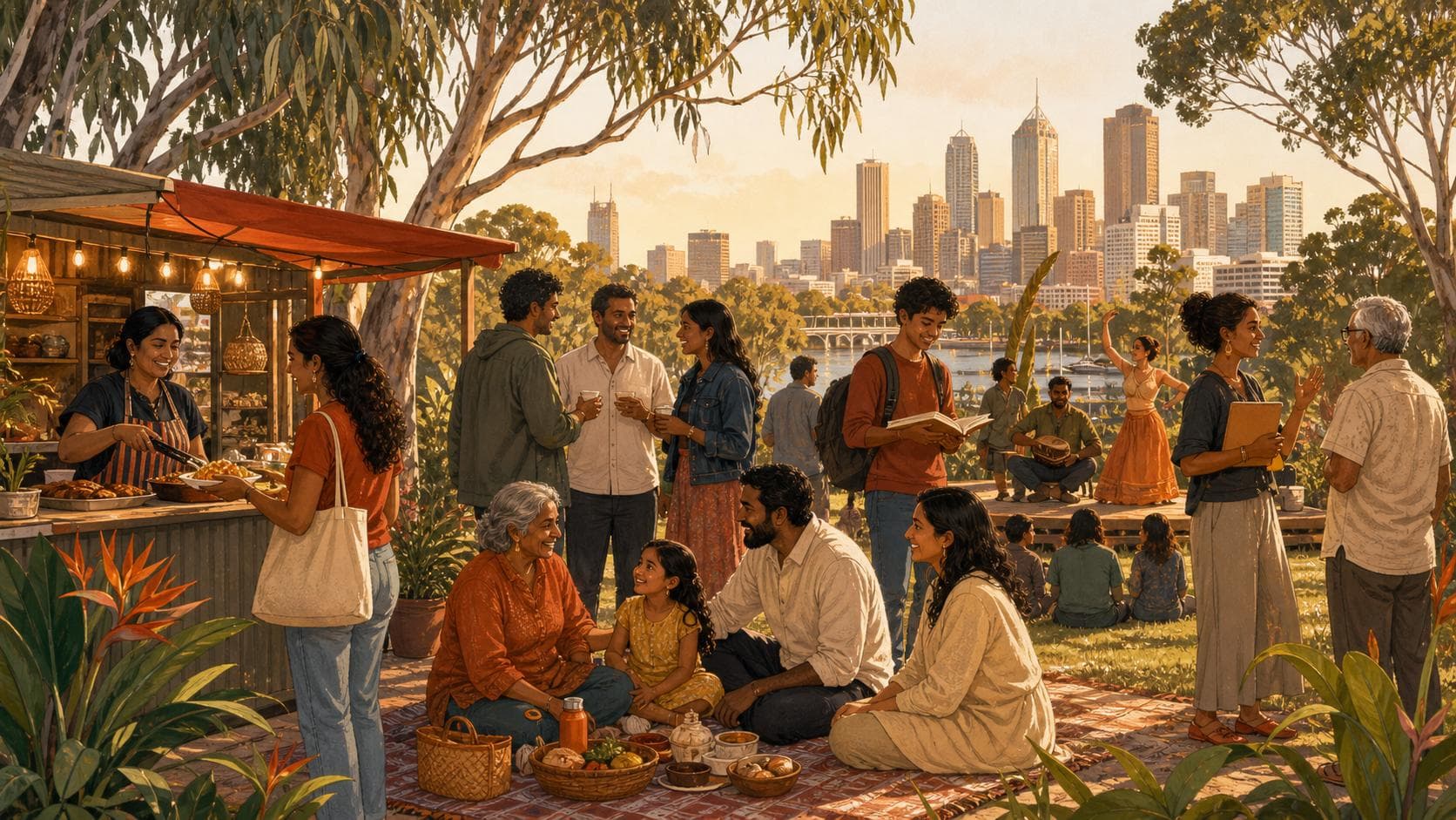 A multigenerational Sri Lankan-Australian community gathering with local food, music and conversation in an Australian park.