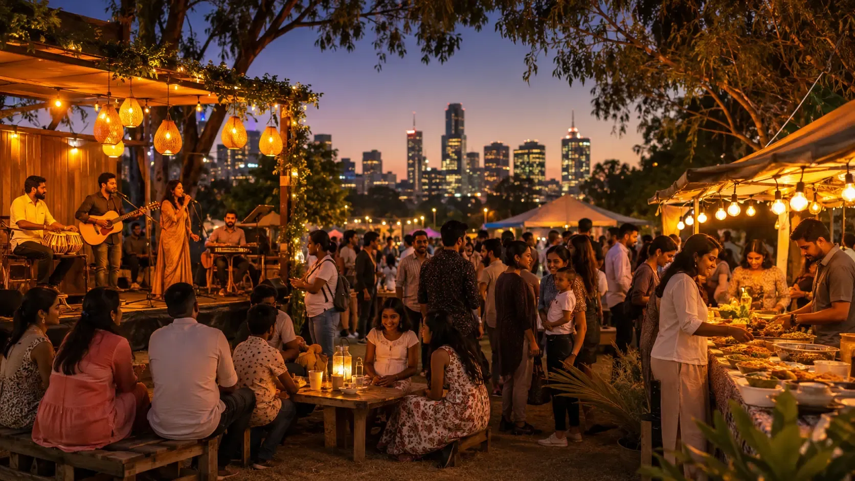 Sri Lankan Australian community enjoying a cultural event with music, food and city lights